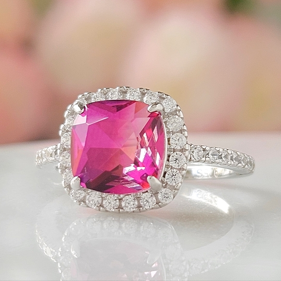 Pink Topaz Cushion Square Gemstone Ring, 925 Sterling Silver Charmed Aroma - Picture 10 of 10